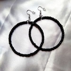 Black Seed bead hoop earrings 2.5 inch large Beaded hoops handmade
